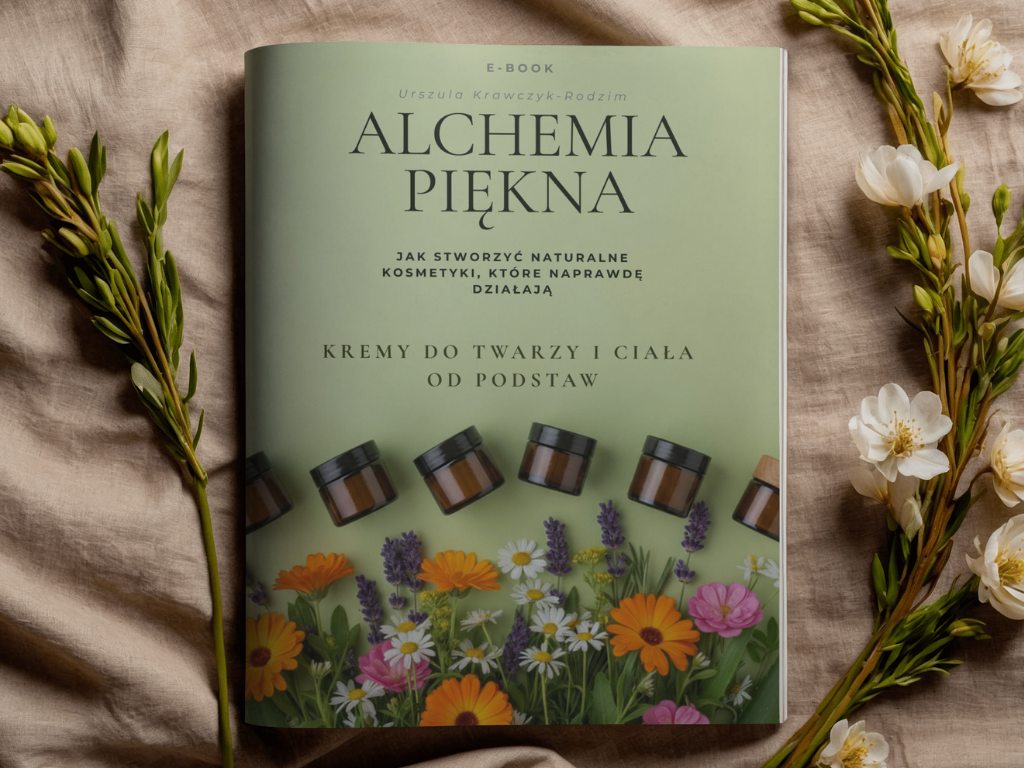 okładka e-booka "Alchemia Piękna jak zrobić naturalne kosmetyki które działają, kremy do twarzy i cała od podstaw" zielone tło słiczki szklane z ciemnego szkła i kwiaty rożlin leczniczych