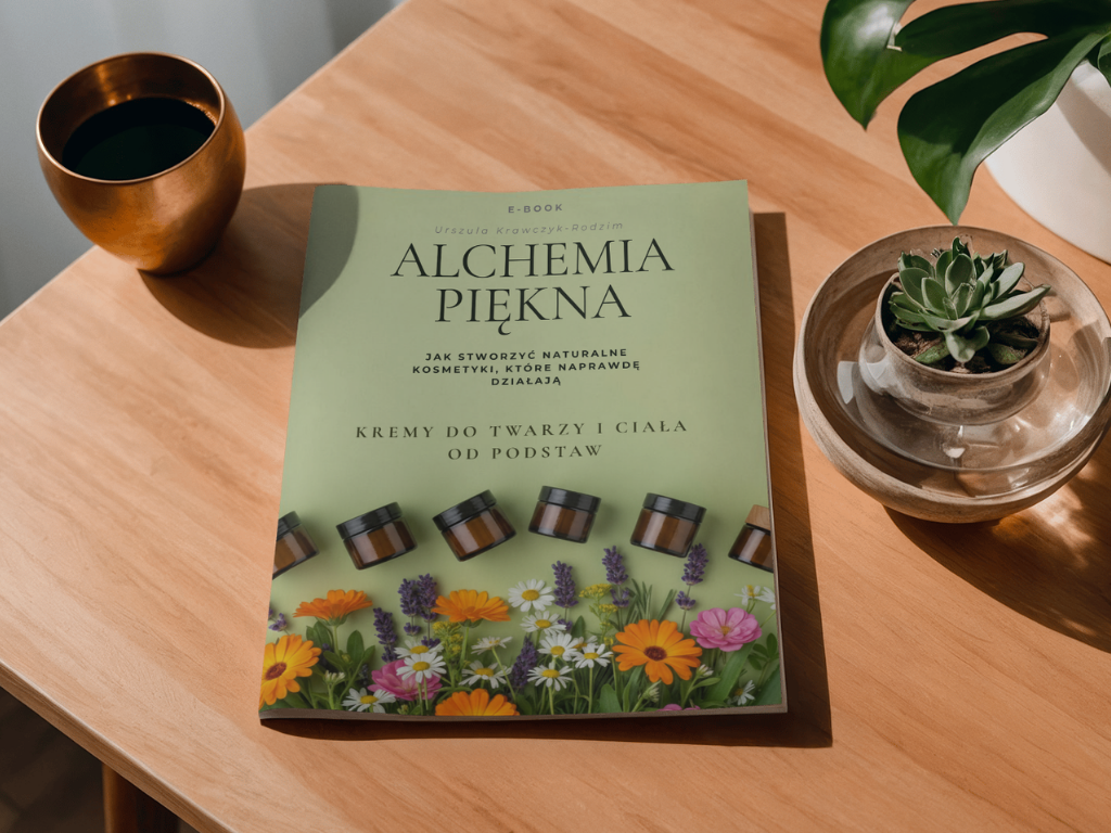 okładka e-booka "Alchemia Piękna jak zrobić naturalne kosmetyki które działają, kremy do twarzy i cała od podstaw" zielone tło słiczki szklane z ciemnego szkła i kwiaty rożlin leczniczych