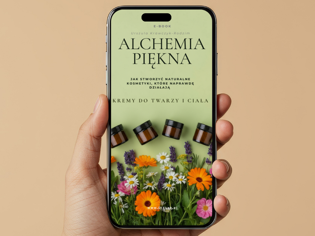 telefon z wyświetlonyą stroną tytułową e-booka "Alchemia Piękna jak zrobić naturalne kosmetyki które działają, kremy do twarzy i cała od podstaw" zielone tło słiczki szklane z ciemnego szkła i kwiaty rożlin leczniczych