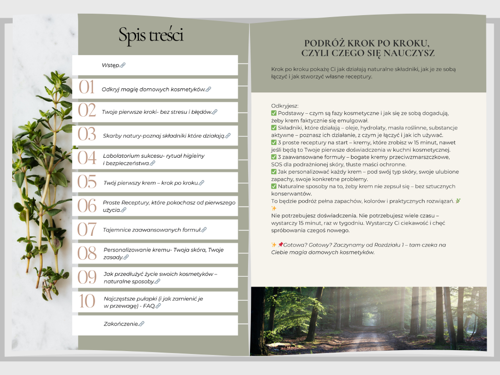 spis treści e-booka Alchemika piękna, jak stworzyć naturalne kosmetyki, które naprawdę działają, oraz pierwsza strona wstęp