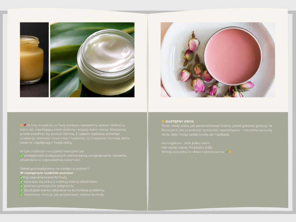 strony z e-booka Alchemia Piękna - Jak stworzyć naturalne kosmetyki, które naprawdę działają. podsumowania rodziałów po prawej - presonalizajca kremu, po lewej trzy proste receptury na krem